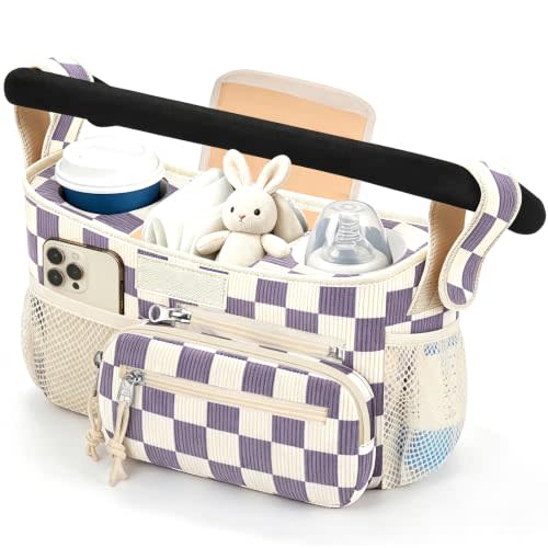 Femuar Universal Stroller Organizer, Stroller Caddy with Cup Holder | Large Capacity,Detachable Bag,Waterproof,Machine washable,Long Shoulder Straps,Fits Most Strollers