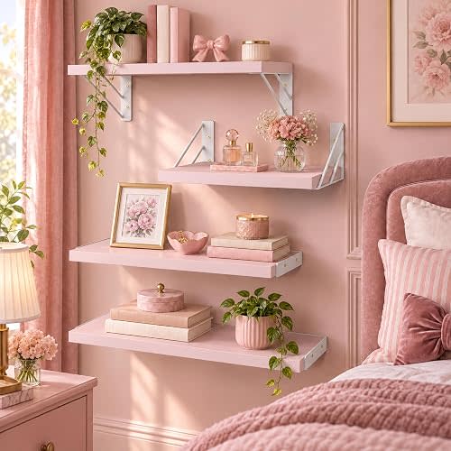 BAYKA Wall Mounted Floating Shelves (Pastel Pink, Set of 4, 16" Mixed)