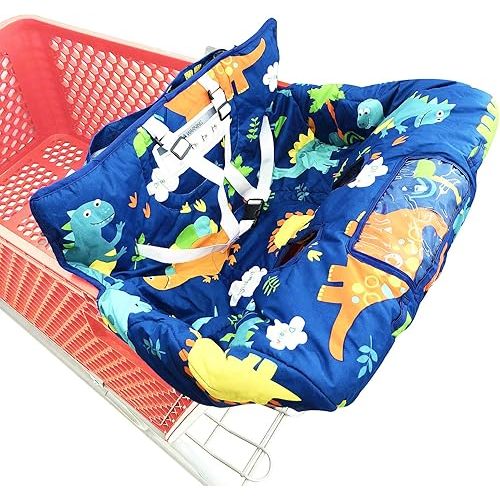 Portable 2-in-1 Grocery Cart Seat Cover and Baby Highchair Cover (Navy Blue Dinosaur)