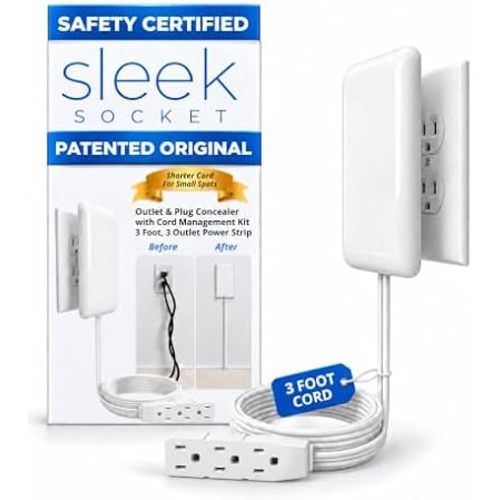 Sleek Socket Original & Patented Flat Ultra-Thin Outlet Concealer with Extension Cord Kit, Multi Outlets Power Strip, Ideal for Home Improvement, Hide Bulky and Messy Cords, 3ft