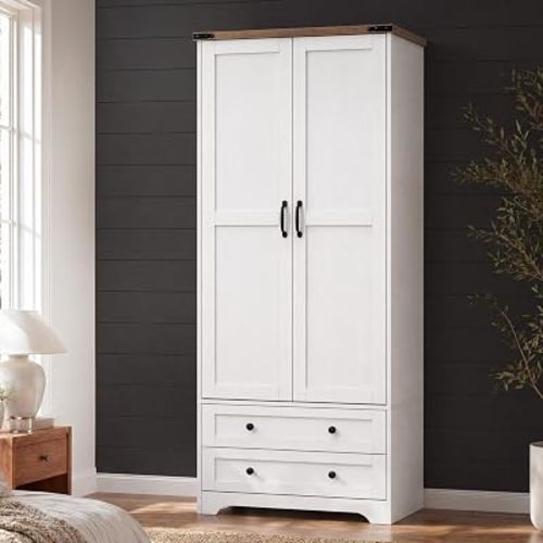 Yechen 71" Wooden Armoire Wardrobe Closet - Modern Functional Clothes Tall Storage Cabinet with Adjustable Shelf and Hanging Rail, Sturdy Freestanding Closet Wardrobe with 2 Wide Drawers for Bedroom