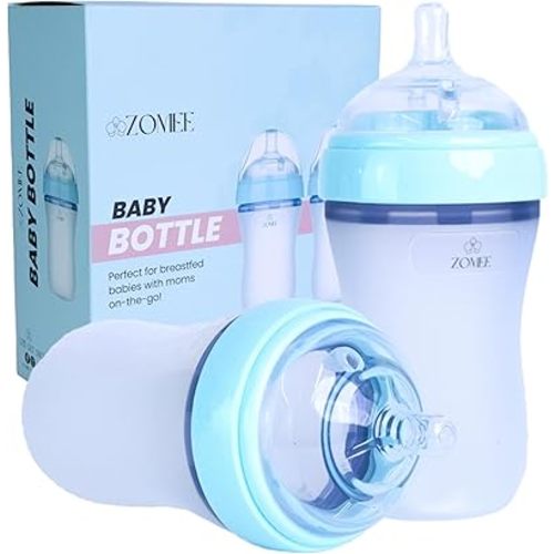 Zomee Silicone Ergonomic Baby Bottle Set: 6 oz Natural-Feel Nipple, Variable Flow, Anti-Colic Design, Leak Proof Cap for Infants and Toddlers (Set of 2)