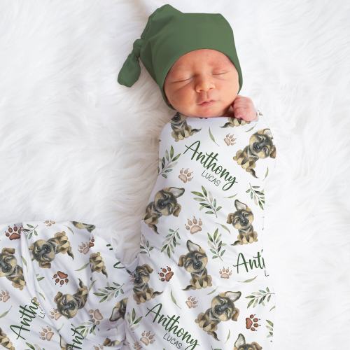 Personalized German Shepherd Swaddle Blanket Dog Name Baby Blanket Newborn Baby Boy Coming Home Outfit Dog Lover Gift Baby Shower Gift