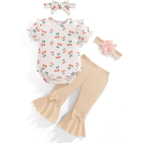 Vibebox Baby Girl Clothes Newborn Preemie Summer Outfits Short Sleeve Ruffle Romper Tops Bell Bottoms Pant Sets with Headband