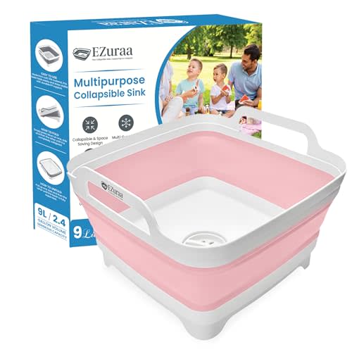 EZuraa 2.4 gal(9L) Pink Collapsible Dish Basin, Portable Sink or Dish Pan for Kitchen Sink with Drain Plug/Strainer, Space Saving Baby Bottle Wash Basin Collapsible Bucket, Beverage Tub for Camping