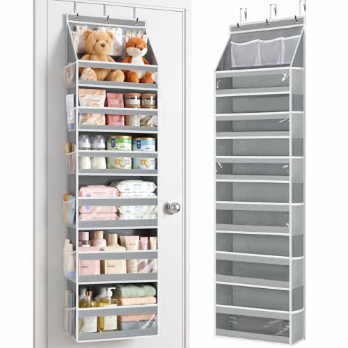 Yecaye 7 Tier Over the Door Organizer, Large Capacity Door Organizer Hanging with Clear PVC Windows, Behind the Door Storage for Bedroom Nursery Closet Laundry Pantry Bathroom, Grey