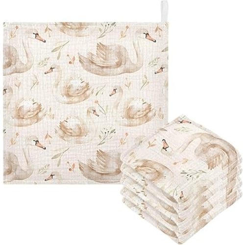 Bolaz Washcloths Set Bathroom Kitchen Wash Cloths Face Towels Wipes Swan and Flower Decorative 12x12 Inch 5 Pack
