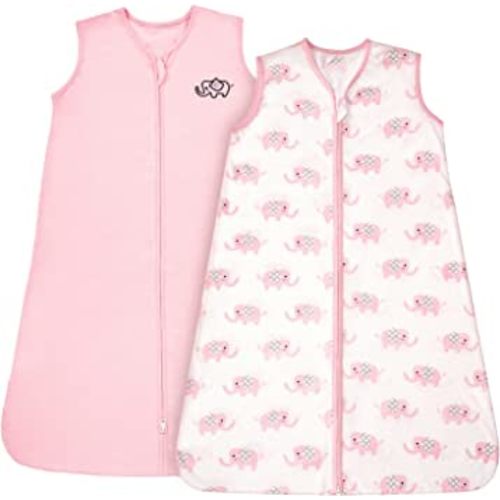 TILLYOU 2 Pack Infant Sleep Sack 0-6 Months 100% Cotton Wearable Blanket 0.5 TOG Sleeveless Summer Sleep Sacks with 2-Way Zipper, Pink Elephant