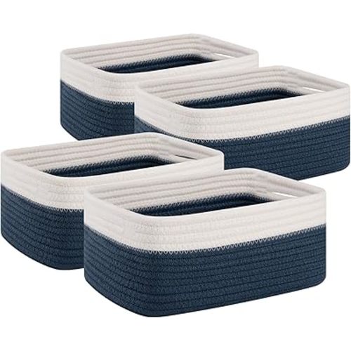 OIAHOMY 4 Pack Storage Baskets for Organizing, Small Bins for Shelves, Cute Decorative Storage Bins, Organizer Baskets for Gifts Empty, 11.8''Lx7.8''Wx4.7''H, Blue/White