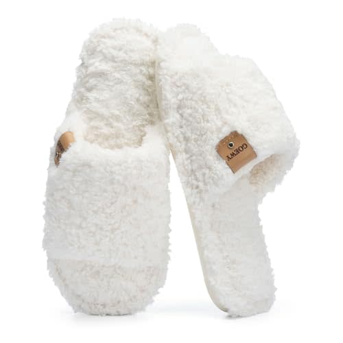 GOEWY Fuzzy Open Toe Slippers for Women Indoor with Comfy Memory Foam | Machine Washable,Cozy Fluffy Ladies Slippers,Cute Summer Bedroom House Shoes,Slip On Slides Sandal, Gifts for Womens Her Mom