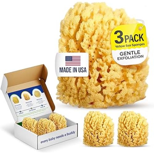 Baby Buddy Baby Bath 4in Yellow Sea Sponge, Absorbent Natural Sea Sponge, Soft on Tender Skin, Biodegradable, Hypoallergenic, Bath Accessories for Bathing, 3 Pack