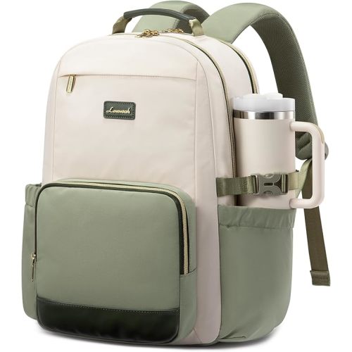 LOVEVOOK Laptop Backpack for Women with Pouch Pocket for Large Capacity Cup,17 Inch Laptop Computer Bag Travel Backpack Purse,Waterproof Work College Teacher Bags,White-Bean Green-Dark Olive Green