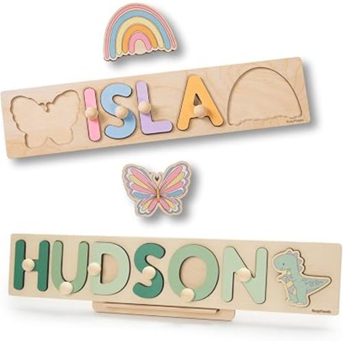 Personalized Wooden Name Puzzle, Montessori Toddler Toy & Nursery Decor, Custom Baby Gift for 1, 2, 3 Year Birthday, First Christmas or Easter Present, Busy Puzzle