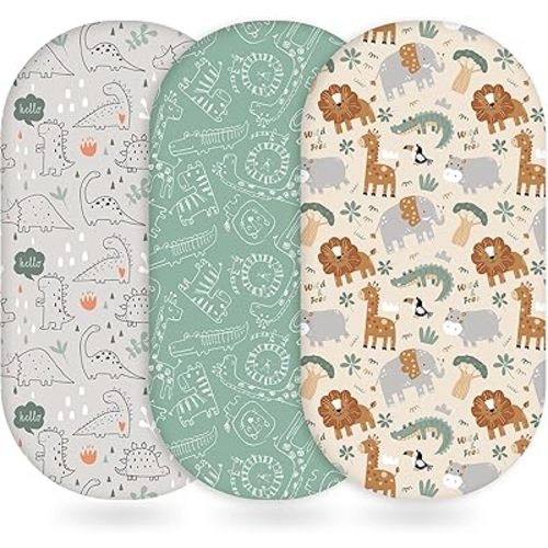 Unnivoll Baby Bassinet Sheets Girl Boy, Fitted Bassinet Sheet Set 3 Pack Bassinet Mattress Sheets Universal Fit for Rectangle, Round, Oval, Hourglass Mattress, Soft Breathable Green & Apricot Lion