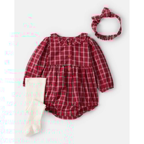 Baby Girl 3-Piece Plaid Print Long-Sleeve Bodysuit, Headwrap & Tights Set - Red - Carter's | Carter's