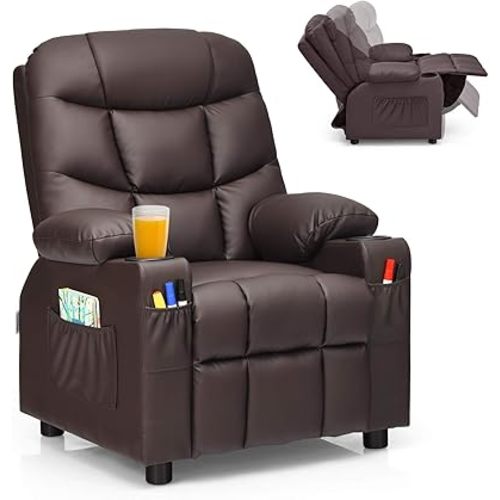 Costzon Kids Recliner Chair with Cup Holder, Adjustable Leather Lounge Chair w/Footrest & Side Pockets for Children Boys Girls Room, Ergonomic Toddler Furniture Sofa, Kids Recliner (Brown)