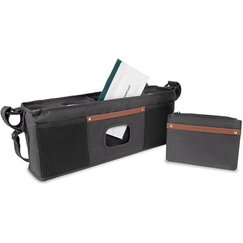 WONDERFOLD Universal Parent Console Stroller Organizer with Insulated Cup Holders, Hook & Loop Closure Handle Attachment, 2 Storage Pockets, Removable Shoulder Strap for Easy Transport