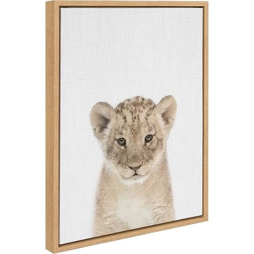 Kate and Laurel Sylvie Baby Lion Color Framed Canvas Wall Art by Simon Te of Tai Prints; 18x24 Natural; Adorable Animal Art Wall Décor; Kids Room; Playroom