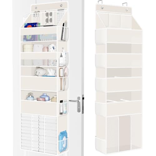 WISELIFE 5-Tier Over the Door Organizer for Hanging - 50LB Heavy-Duty Back of Door Organizer with 5 Spacious Pockets & 13 Mesh Pockets, Multipurpose Storage for Nursery, Bedroom, Closet(1 Pack, Beige)