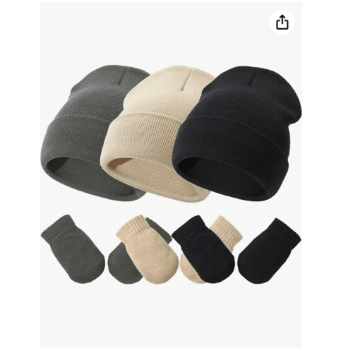 Baby Hats and Mittens Set Infant Toddler Beanie Cap Newborn Gloves for Baby 3 Months-18 Months Black/Dark Grey/Khaki