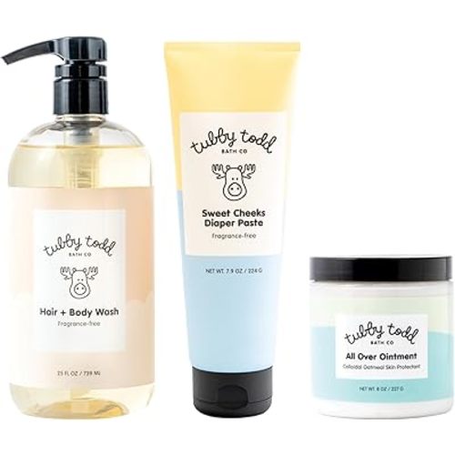 TUBBY TODD Baby Bundle Newborn Skin Care Set - Hypoallergenic Hair + Body Wash, All Over Ointment with Colloidal Oatmeal, Sweet Cheeks Diaper Paste - Fragrance-Free, Full Size