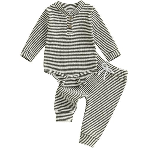 Newborn Baby Boy Girl Clothes Striped Waffle Knit Long Sleeve Romper Long Pants Set Infant 2Pcs Fall Winter Outfit