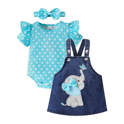 Baby Girl Clothes Newborn Ruffle Romper Elephant Jeans Skirt 0-18M | Soft Romper, Adjustable Jean Skirt with Headband Elephant Butterfly Design, Snap Closure, Everyday Wear