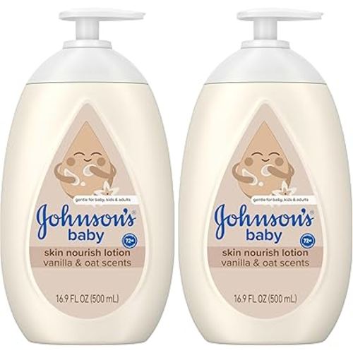 Johnson's Baby Skin Nourish Moisturizing Baby Lotion for Dry Skin with Vanilla & Oat Scents, Gentle & Lightweight Body Lotion for The Whole Family, Hypoallergenic, Dye-Free, 16.9 fl. oz (Pack of 2)