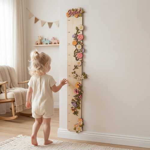 Flowers Wooden Height Chart - Hand Painted Height Growth Ruler - Nursery Wall Sign - Handmade & Customizable - Child's Room - Custom Name