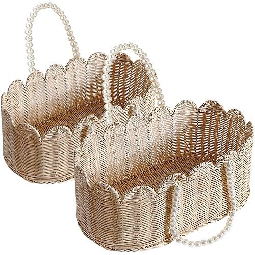 Set of 2 Scalloped Basket, Wicker Storage Baskets, Hand Woven Baskets for Shelves,Natural Baskets for Organizing (Rattan(Ellipse-16"L x 10"W x 7"H))