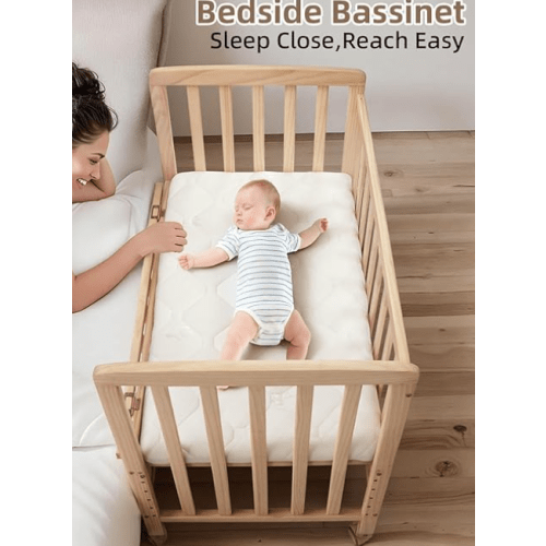 Flwrgirl Baby Bassinets Bedside Sleeper - Portable Pine Wood Bedside Bassinet,6 Heights Small Mini Crib with Mattress,Space-Saving Design Baby Crib for Newborns 0-12 Months,Unpainted