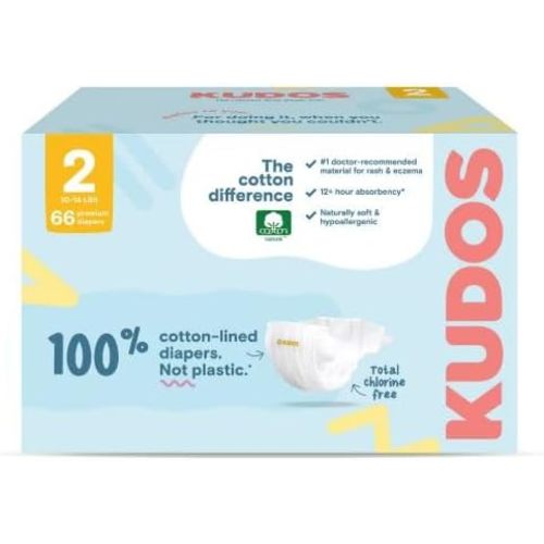 Kudos Chlorine Free Premium Diapers, 100% Cotton-Lined, Size 2, 6-16 lbs, 66 Count