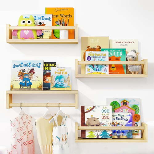 HAOKAINI 4PCS Wood Nursery Book Shelves Wall Mounted, Floating Bookshelf for Kids Room Decor, Toys and Books Storage Organizer Shelves for Child Bedroom Bathroom Kitchen