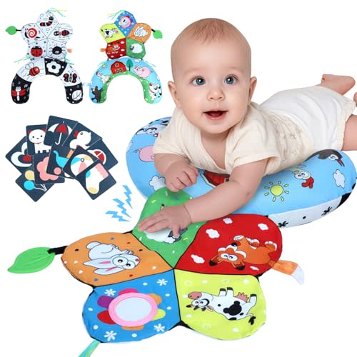 Tummy Time Pillow, High Contrast Tummy Time Mat with Black & White Flash Cards, Double-Sided Tummy Time Cushion with Mirror & Teether Sensory Toys, Baby Toys for Infant Newborn 0-12 Months Babies