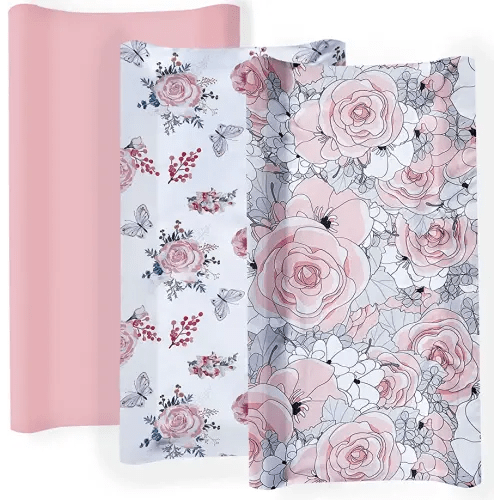 JAROSY 3 Pack Soft Changing Pad Covers, Premium Diaper Changing Table Sheets for Baby Girls, Thick Durable Microfiber Fabric, Floral & Pink