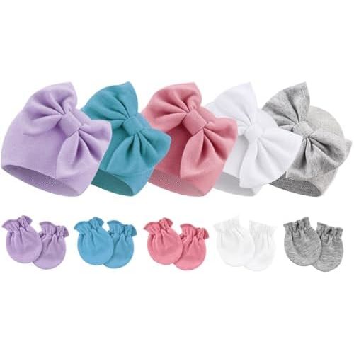 Newborn Baby Hats and Mittens Set Infant Bow Beanie Cap Toddler Gloves Newborn Hospital Hats for Baby Boy Girl 0-6 Months