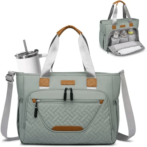 FHELAD Diaper Bag Tote, Large Tote Diaper Bag with 16" Laptop Compartment, Baby Bag with Insulated Pocket for Mam and Dad, Ideal for Travel, Work (Morandi Grey)