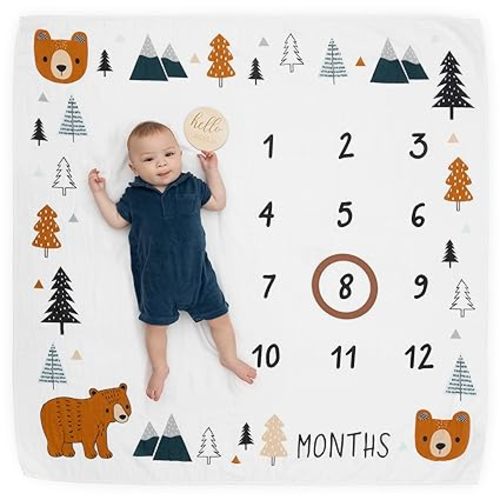 Pondering Pine Organic Baby Monthly Milestone Blanket Boy - Growth Age Blanket for 1-12 Months Milestones with Month Marker Frame and Newborn Announcement Disc, Woodland, Bear, 47”x47”
