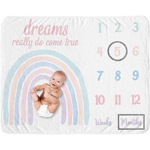 Sweet Jojo Designs Pastel Rainbow Girl Milestone Blanket Monthly Newborn First Year Growth Mat Baby Shower Memory Keepsake Gift Picture - Blush Pink Purple Teal Blue and White Watercolor Dreams