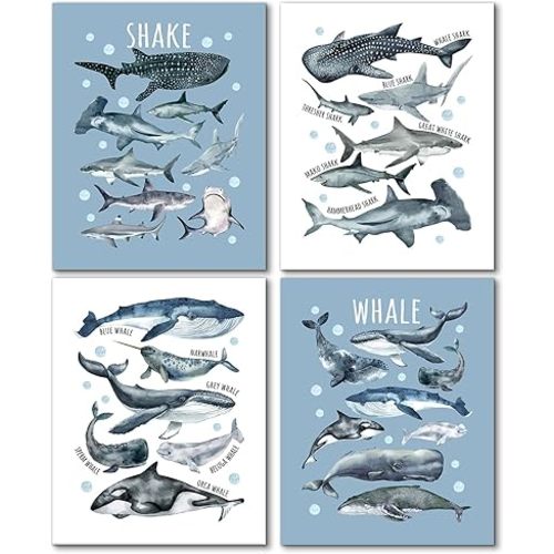 Hapons Ocean Shark Whale Wall Art Set of 4, Under The Sea Fish Artwork Poster Prints Bedroom Living Room Wall Decor, Coastal Beach Nautical Office Dorm Home Kitchen Decorations 8''x10'' Unframed
