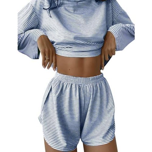 Kistore Womens 2 Piece Pajama Sets Long Sleeve Top and Shorts Sleepwear Pjs Lounge Matching Split Short Sets