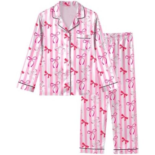 Girls Pajamas Silk PJS Set Satin Sleepwear Long Sleeve Jammies for Kids Button-Down Nightwear Loungewear 3-16 Years