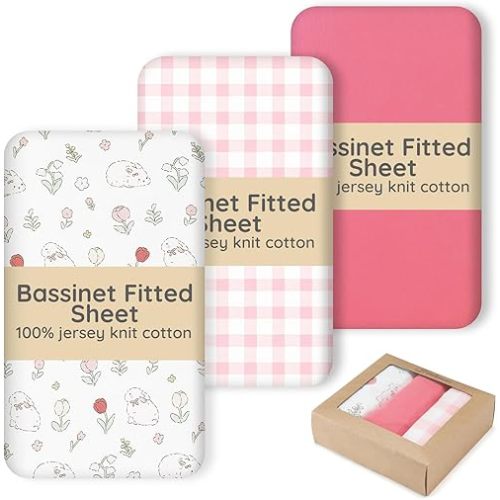 100% Jersey Cotton Bedside Bassinet Sheets 21"x35" Fits Airclub, venowu, Larex 3 in 1, HARPPA and Other Rectangle Baby Bassinet, Super Soft and Breathable Bassinet Fitted Sheets, 3 Pack, Pink