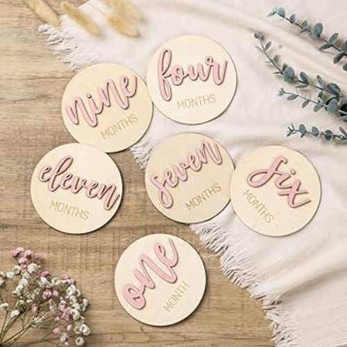 Monthly Baby Girl Milestone Circles: Newborn Milestone Age Wooden Cards from 1-12 Months - Birth One Month Markers Discs for Girls Photo Props