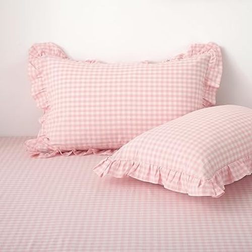 2 Pack Blush White Plaid Ruffle Gingham Pillow Shams Standard Size, 100% Washed Cotton Checkered Farmhouse Pillowcases for Bed/Sofa - 20''x26''
