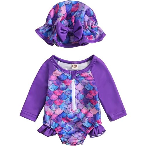 Baby Girls Swimsuit Long Sleeve Zipper Bathing Suit One Piece Swimwear with Hat - 12-18 Months - Mermaid Purple