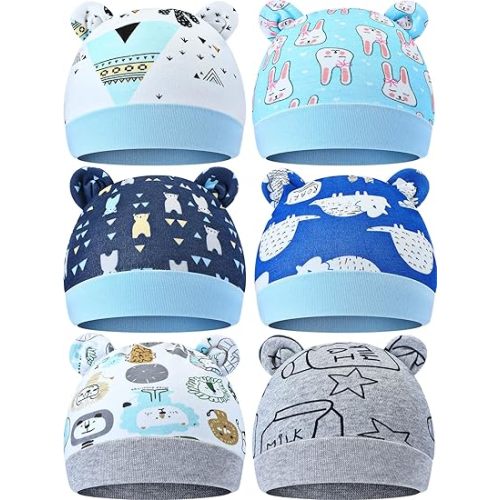 Geyoga 6 Pieces Newborn Baby Hat Bear Ears Infant Caps Baby Boy Girl Toddler Hats Infant Beanie Caps for 0-3 Months