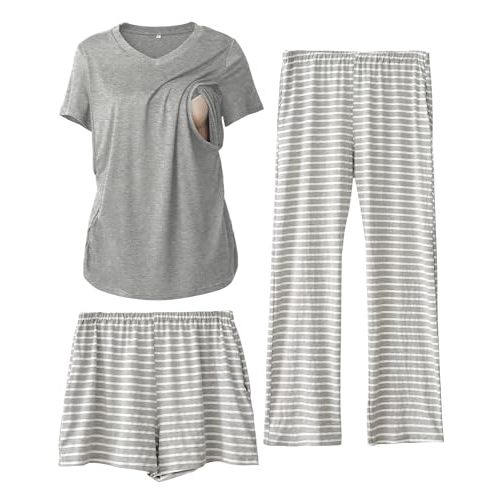 Rnxrbb 3 Piece Women's Maternity Nursing Pajamas Set V Neck Breastfeeding Pjs Sleepwear Postpartum Shorts&Pants Pockets