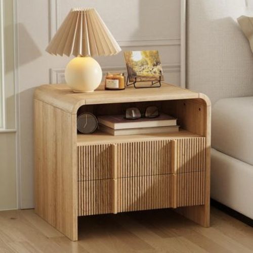AMERLIFE Modern Nightstand with 2 Drawers & Open Shelf, Engineered Wood, Curved Profile, Oak