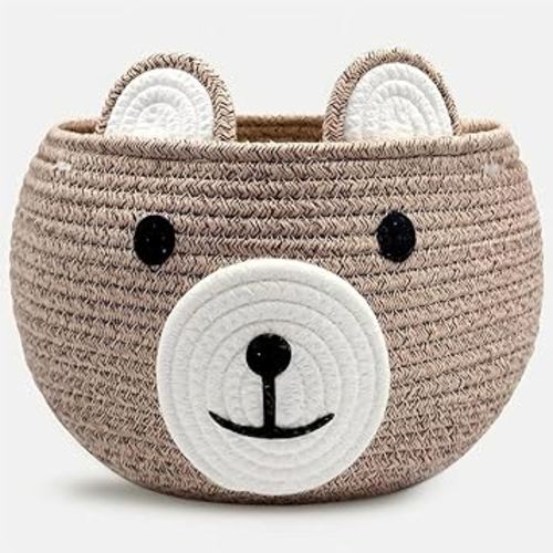 Baby Basket for Nursery - Bear Gift Baskets Empty for Kids Baby Shower Baskets for Toys Diaper Caddy Small Cute Woven Rope Storage Basket for Home Décor Easter basket Light Brown, 11"D x9"H